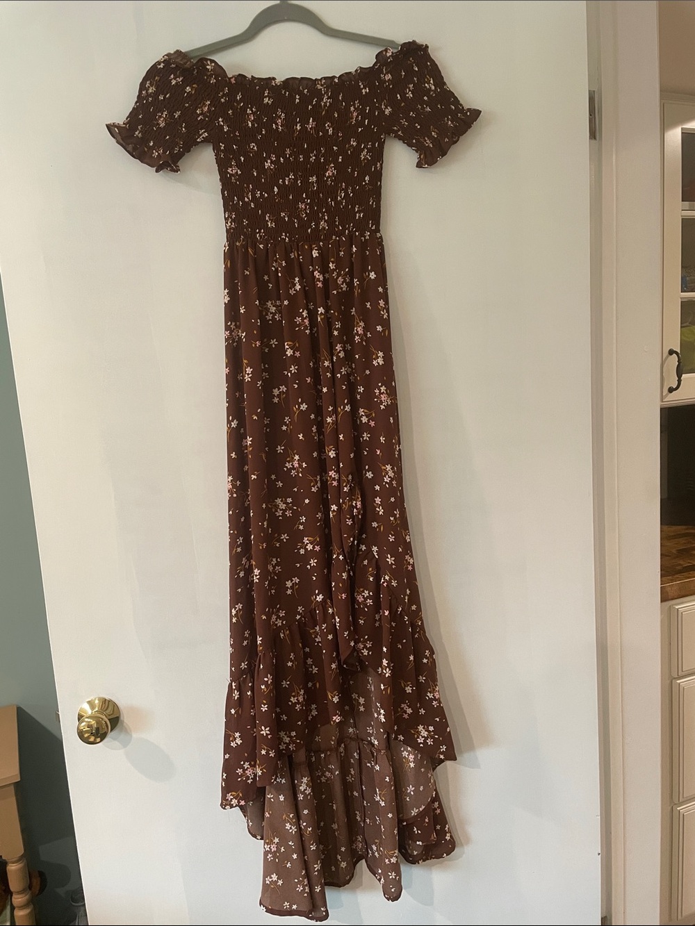 Francesca's Collections Brown Floral Off-Shoulder High-Low Maxi Dress